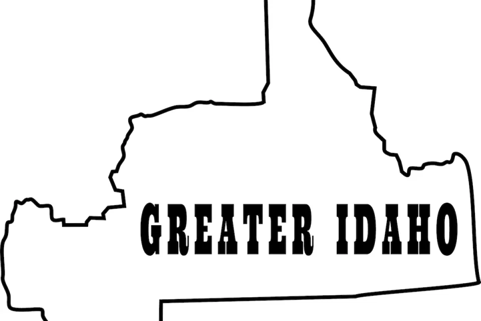 A hypothetical map of the state of Idaho, expanded by annexing a large portion fo Oregon. The map is emblazoned with the words “Greater Idaho.”